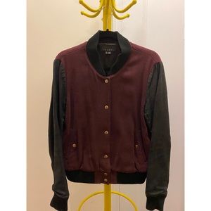 Theory bomber jacket- wool body, genuine leather sleeves